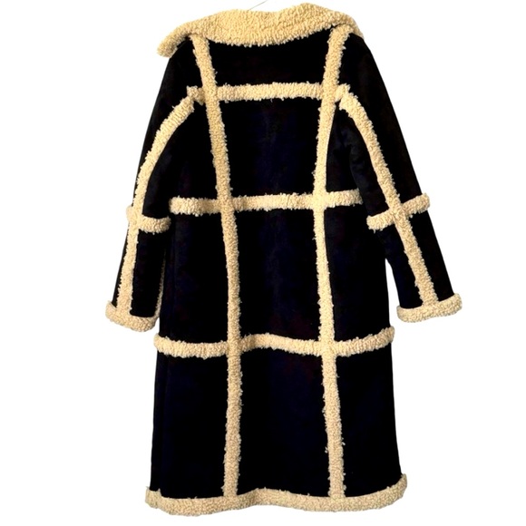 New Rebecca Minkoff Womens Long Vegan Black Cream Shearling Coat - Picture 6 of 13